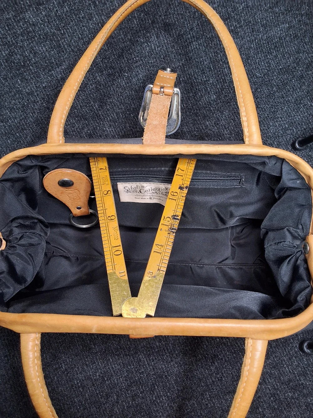 Tan and Black Leather Accent Satchel Handbag